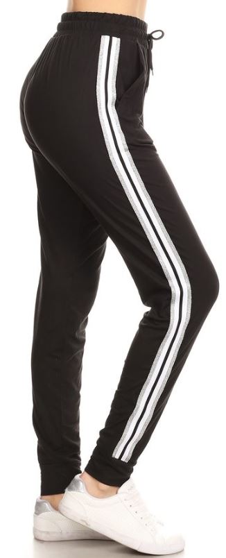 black joggers with white stripe