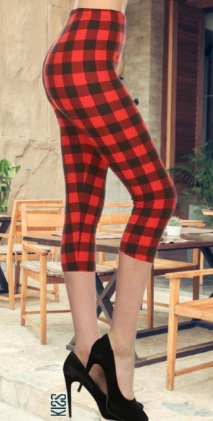 Red Checker Plaid Capri Leggings, KISS My Legs