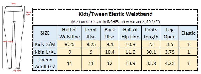 Sizing Chart for Kids Elastic Legging