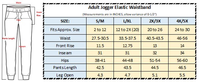 Sizing Chart for Adult Elastic Jogger