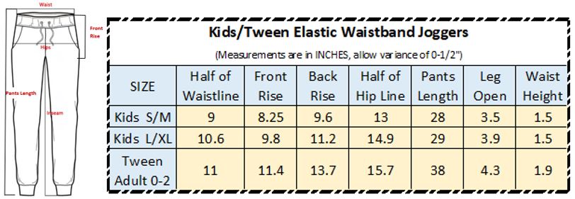 Sizing Chart for Kids Elastic Jogger