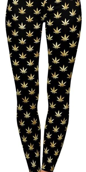Adult wearing our Black Gold Cannabis Leggings