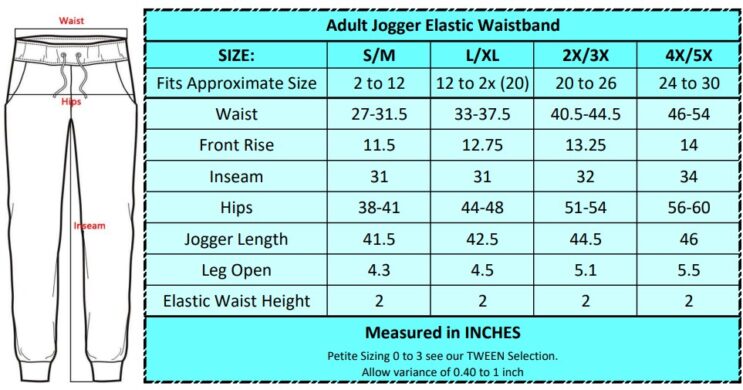 Jogger Adult Full Length Sizing Chart