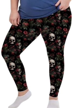 Adult wearing our Skulls and Tattered Roses Leggings w/Pockets